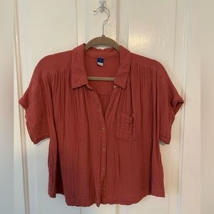 Crinkle Gauze Button-Down Top